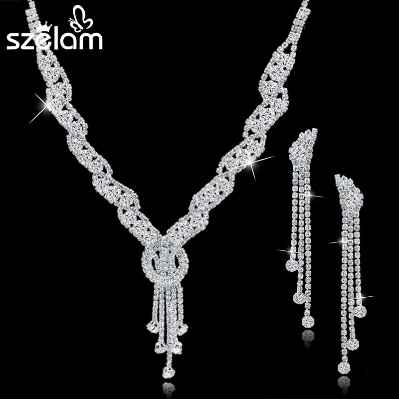Szelam Femme Rhinestone Wedding Jewelry Sets Bridal Women Long Tassel Necklace Earrings Jewellery Set Accessories SET150067