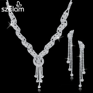 Szelam Femme Rhinestone Wedding Jewelry Sets Bridal Women Long Tassel Necklace Earrings Jewellery Set Accessories SET150067