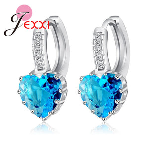 Real Pure 925 Sterling Silver Luxury Colorful Heart Band Jewelry Cubic Zirconia Stone Earrings Fashion For Women Girls
