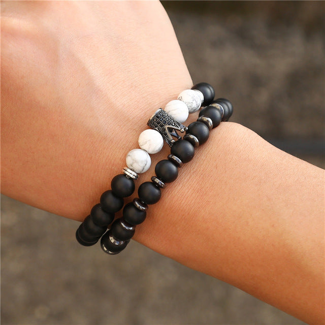 2Pcs/set Couple Bracelet Sets For Men Fashion 8mm Black Matte Lapis Stone Bead Bracelets Sets 2019 Love Bangle Jewelary Gifts