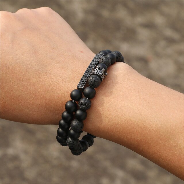2Pcs/set Couple Bracelet Sets For Men Fashion 8mm Black Matte Lapis Stone Bead Bracelets Sets 2019 Love Bangle Jewelary Gifts
