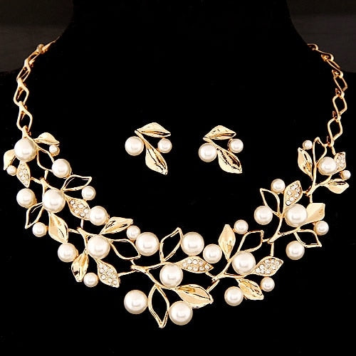 Bridal Simulated Pearl Jewellery Sets for Women's Dresses Accessories Cubic Necklace Earrings Set Gold Color Wedding Dresses
