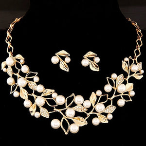Bridal Simulated Pearl Jewellery Sets for Women's Dresses Accessories Cubic Necklace Earrings Set Gold Color Wedding Dresses