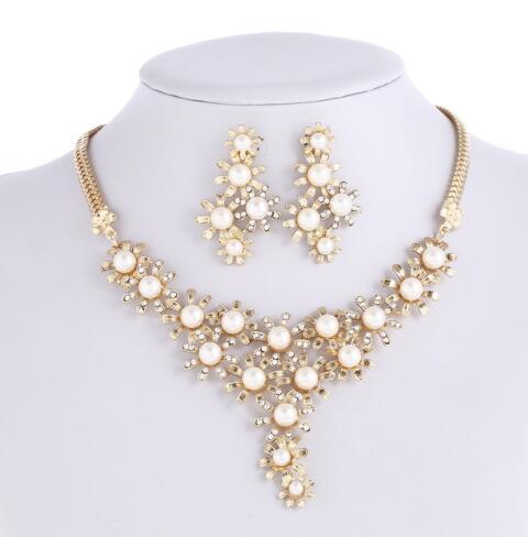Bridal Simulated Pearl Jewellery Sets for Women's Dresses Accessories Cubic Necklace Earrings Set Gold Color Wedding Dresses