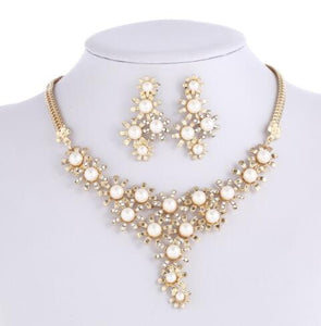 Bridal Simulated Pearl Jewellery Sets for Women's Dresses Accessories Cubic Necklace Earrings Set Gold Color Wedding Dresses