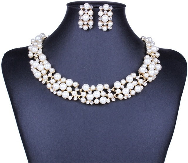 Bridal Simulated Pearl Jewellery Sets for Women's Dresses Accessories Cubic Necklace Earrings Set Gold Color Wedding Dresses