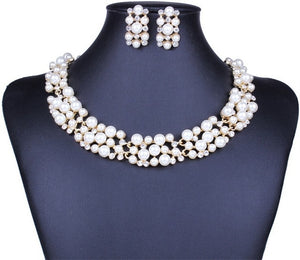 Bridal Simulated Pearl Jewellery Sets for Women's Dresses Accessories Cubic Necklace Earrings Set Gold Color Wedding Dresses