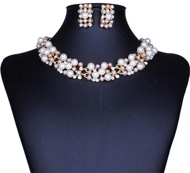Bridal Simulated Pearl Jewellery Sets for Women's Dresses Accessories Cubic Necklace Earrings Set Gold Color Wedding Dresses