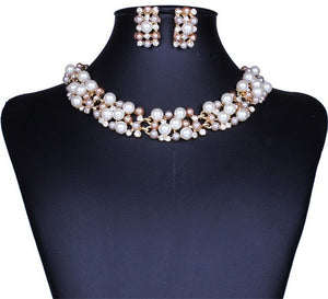 Bridal Simulated Pearl Jewellery Sets for Women's Dresses Accessories Cubic Necklace Earrings Set Gold Color Wedding Dresses