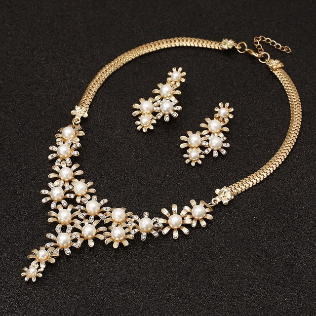 Bridal Simulated Pearl Jewellery Sets for Women's Dresses Accessories Cubic Necklace Earrings Set Gold Color Wedding Dresses