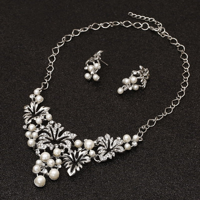 Bridal Simulated Pearl Jewellery Sets for Women's Dresses Accessories Cubic Necklace Earrings Set Gold Color Wedding Dresses
