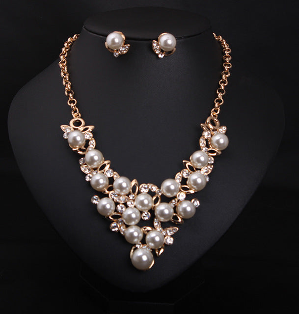 Bridal Simulated Pearl Jewellery Sets for Women's Dresses Accessories Cubic Necklace Earrings Set Gold Color Wedding Dresses