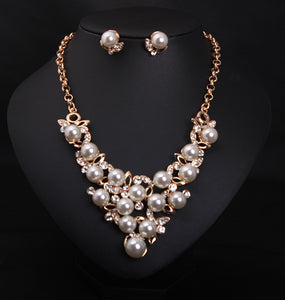 Bridal Simulated Pearl Jewellery Sets for Women's Dresses Accessories Cubic Necklace Earrings Set Gold Color Wedding Dresses