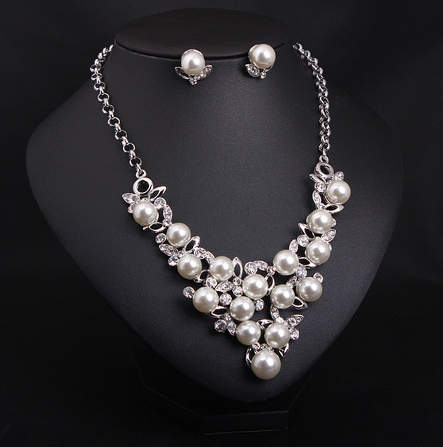 Bridal Simulated Pearl Jewellery Sets for Women's Dresses Accessories Cubic Necklace Earrings Set Gold Color Wedding Dresses