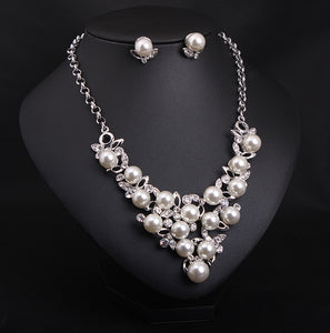 Bridal Simulated Pearl Jewellery Sets for Women's Dresses Accessories Cubic Necklace Earrings Set Gold Color Wedding Dresses