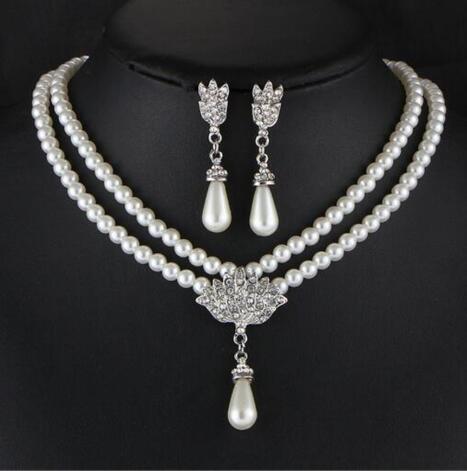 Bridal Simulated Pearl Jewellery Sets for Women's Dresses Accessories Cubic Necklace Earrings Set Gold Color Wedding Dresses