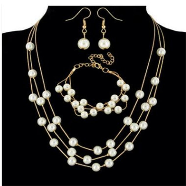 Bridal Simulated Pearl Jewellery Sets for Women's Dresses Accessories Cubic Necklace Earrings Set Gold Color Wedding Dresses