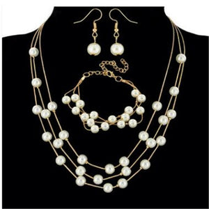 Bridal Simulated Pearl Jewellery Sets for Women's Dresses Accessories Cubic Necklace Earrings Set Gold Color Wedding Dresses