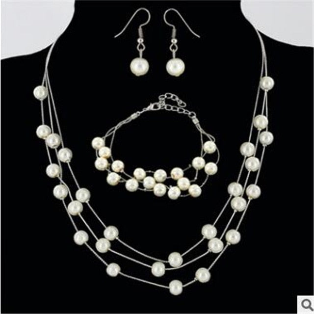 Bridal Simulated Pearl Jewellery Sets for Women's Dresses Accessories Cubic Necklace Earrings Set Gold Color Wedding Dresses