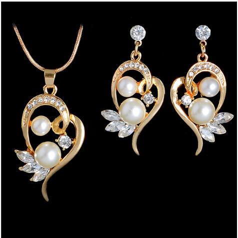 Bridal Simulated Pearl Jewellery Sets for Women's Dresses Accessories Cubic Necklace Earrings Set Gold Color Wedding Dresses