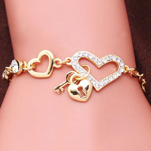 Free shipping Chain Bracelet Gold Color Women Love Heart Link Bracelet Crystal  Bracelets Bangles Valentine's Day Gift