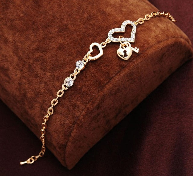 Free shipping Chain Bracelet Gold Color Women Love Heart Link Bracelet Crystal  Bracelets Bangles Valentine's Day Gift