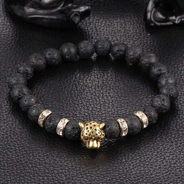 Brand Lion Head Bracelet Men Black Matte Volcano Lava Stone  Red Turquoises Beaded s For Women Jewelry