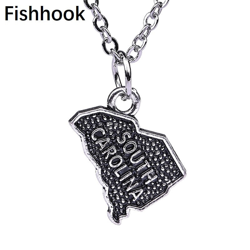 Fishhook USA State Necklace South Carolina Map Necklace&Pendants for Men/Women Outline State Jewelary Alloy Zinc Charms