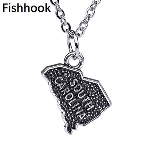 Fishhook USA State Necklace South Carolina Map Necklace&Pendants for Men/Women Outline State Jewelary Alloy Zinc Charms