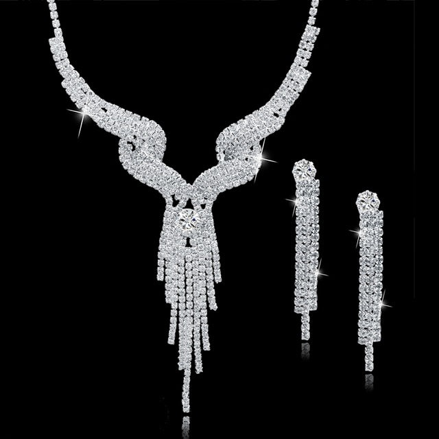 Szelam Femme Rhinestone Wedding Jewelry Sets Bridal Women Long Tassel Necklace Earrings Jewellery Set Accessories SET150067